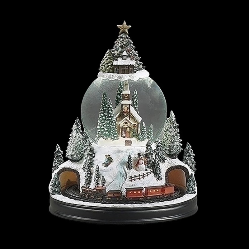 Lighted Musical Church Snow Globe with Rotating Train 11 Inches