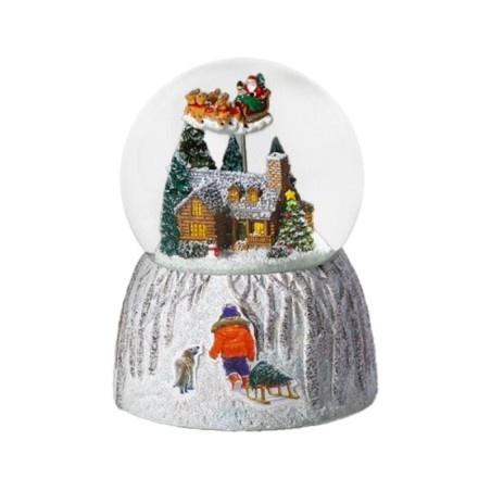 Santa Flying Over Cabin Child With Sledge Snow Globe 15 cm Musical Keepsake