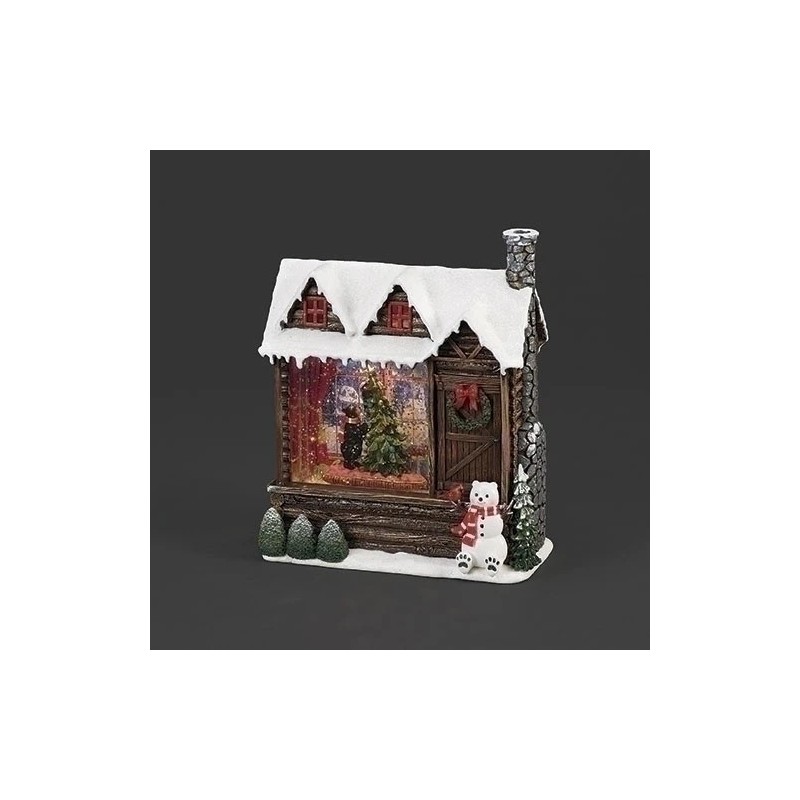 Bear in Christmas Log Cabin Water Spinner