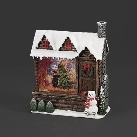 Bear in Christmas Log Cabin Water Spinner