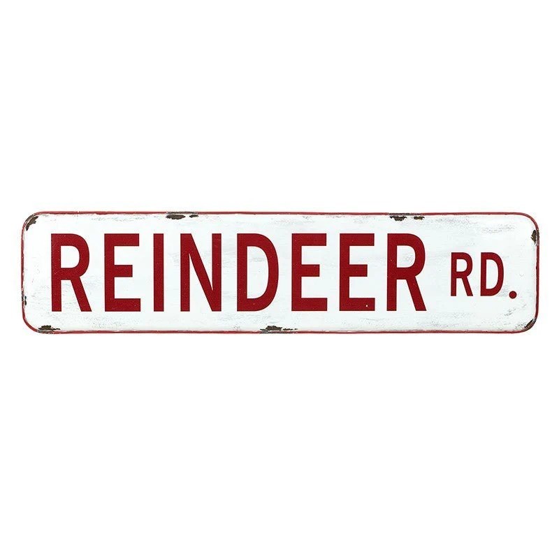 Reindeer Rd Tin Sign 56cm Vintage White Christmas UK