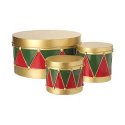 Set Of 3 UK Christmas Drum Tins With Gold Lids And Bases