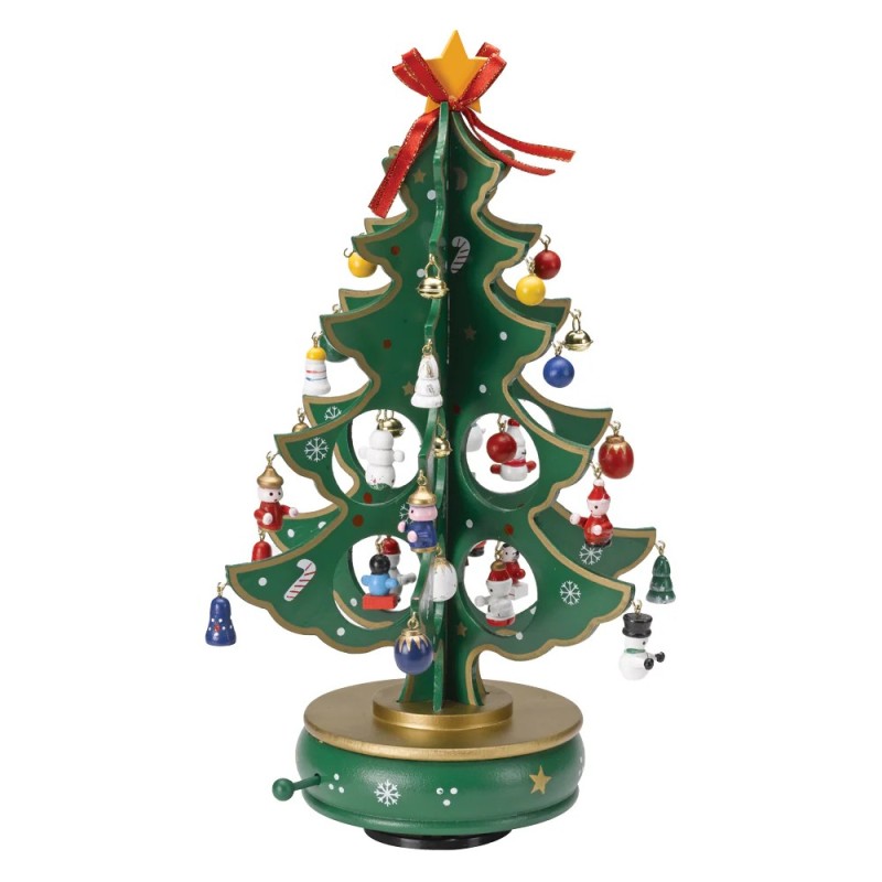 Musical Rotating Wooden Christmas Tree With Ornaments 32cm