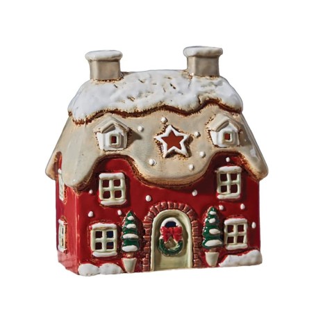 Red Stoneware Cottage Christmas Tea Light Holder UK Gift