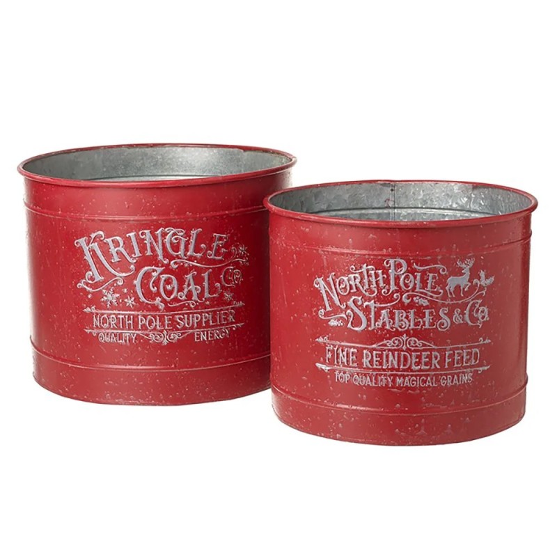 North Pole Red Metal Storage Tubs Set of 2 34cm Christmas