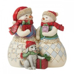 Figurine Couple De Bonhomme De Neige Avec Un Chiot