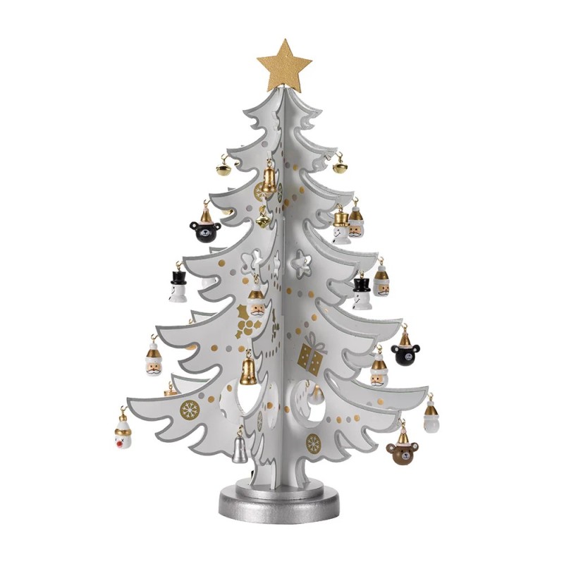 Silver And White Wooden Christmas Tree With Ornaments 32cm