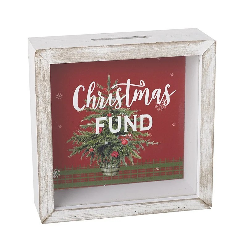 Christmas Savings Money Box Festive Wooden Display Bank